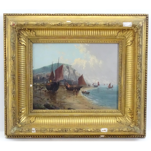 1098 - Manner of William Thornley (1857-1935), Oil on board, Hastings beach with moored fishing boats. Sign... 