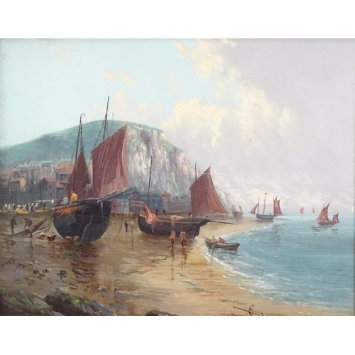 1098 - Manner of William Thornley (1857-1935), Oil on board, Hastings beach with moored fishing boats. Sign... 