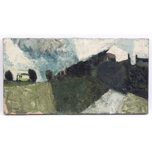 1101 - Russell, 20th century, Modern British School, Oil on canvas, A landscape scene with a green bus. Sig... 