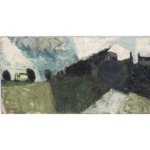 1101 - Russell, 20th century, Modern British School, Oil on canvas, A landscape scene with a green bus. Sig... 