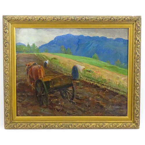 1102 - Indistinctly signed S. Trott ?, Early 20th century, Oil on canvas, Sewing the field, A farming scene... 