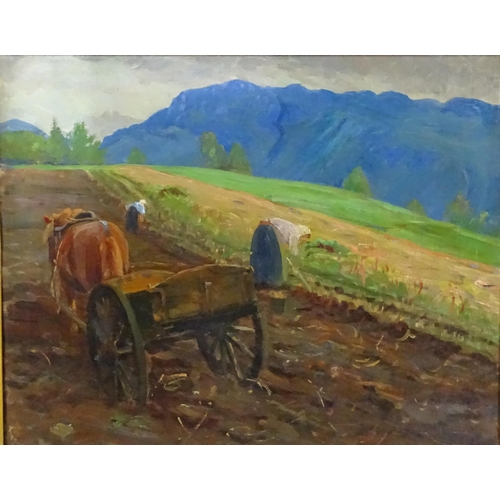 1102 - Indistinctly signed S. Trott ?, Early 20th century, Oil on canvas, Sewing the field, A farming scene... 