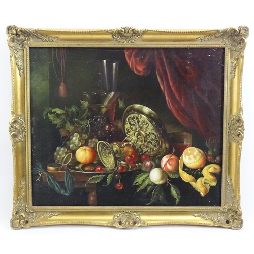 1103 - 20th century, Continental School, Oil on panel, A still life study with fruit, brass tazza, drapery ... 