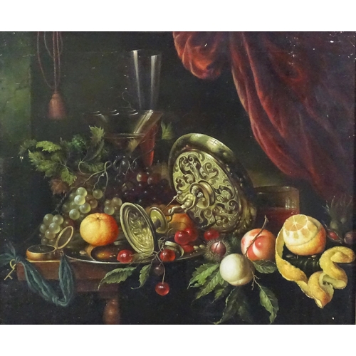 1103 - 20th century, Continental School, Oil on panel, A still life study with fruit, brass tazza, drapery ... 