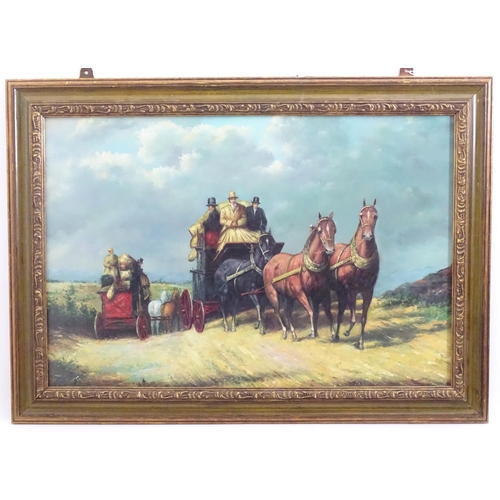 1105 - 20th century, Oil on canvas laid on board, A landscape scene with figures in horse drawn carriages /... 