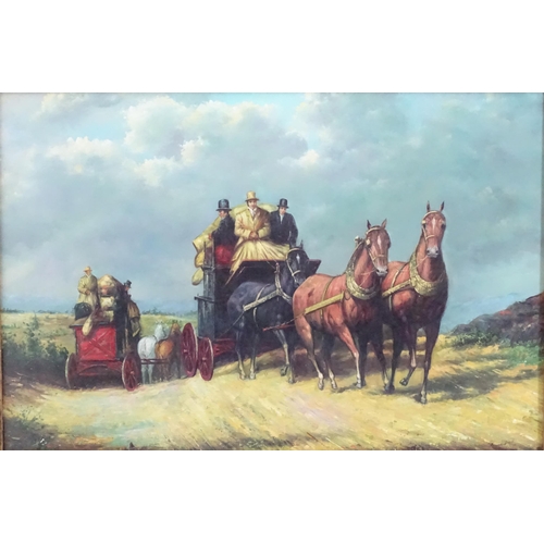 1105 - 20th century, Oil on canvas laid on board, A landscape scene with figures in horse drawn carriages /... 