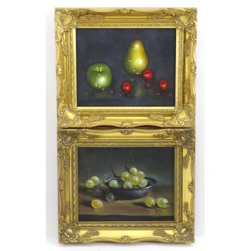 1107 - K. Myles, 20th century, Oil on canvas laid board, A still life study with an apple, pear and cherrie... 