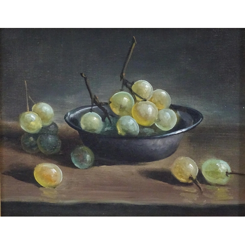 1107 - K. Myles, 20th century, Oil on canvas laid board, A still life study with an apple, pear and cherrie... 