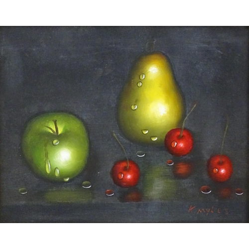 1107 - K. Myles, 20th century, Oil on canvas laid board, A still life study with an apple, pear and cherrie... 