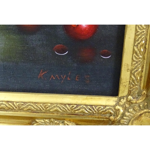 1107 - K. Myles, 20th century, Oil on canvas laid board, A still life study with an apple, pear and cherrie... 