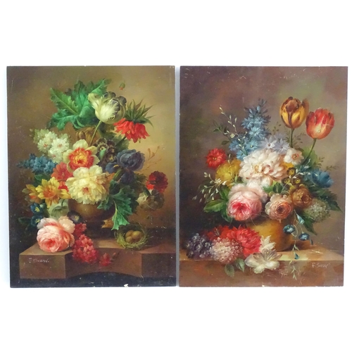 1108 - F. Suzan, 20th century, Oil on board, A pair of still life flower studies. Signed lower. Approx. 16