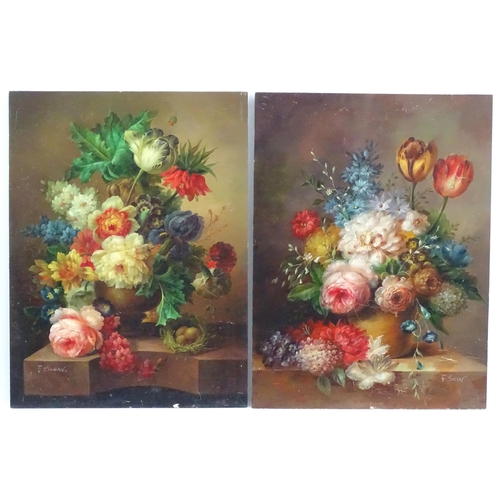 1108 - F. Suzan, 20th century, Oil on board, A pair of still life flower studies. Signed lower. Approx. 16