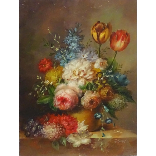 1108 - F. Suzan, 20th century, Oil on board, A pair of still life flower studies. Signed lower. Approx. 16