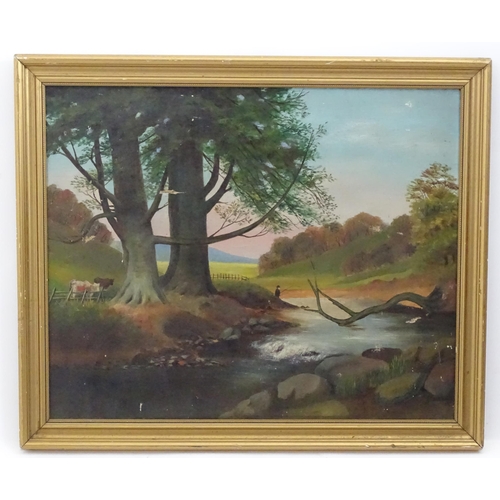 1118 - Late 19th / early 20th century, Oil on canvas, An English river landscape scene with a man fishing a... 