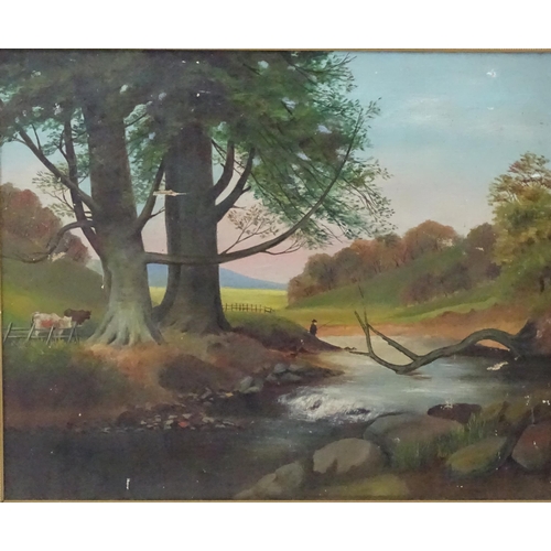 1118 - Late 19th / early 20th century, Oil on canvas, An English river landscape scene with a man fishing a... 