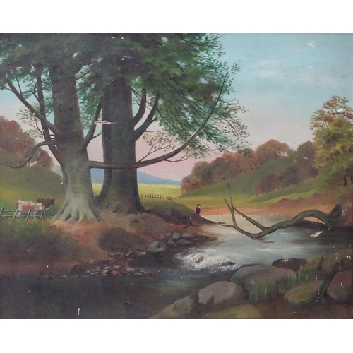 1118 - Late 19th / early 20th century, Oil on canvas, An English river landscape scene with a man fishing a... 