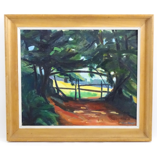 1122 - Kaia Mayer (1923-2005), Oil on canvas board, Oil on board, Welsh Summer, A wooded scene with field b... 