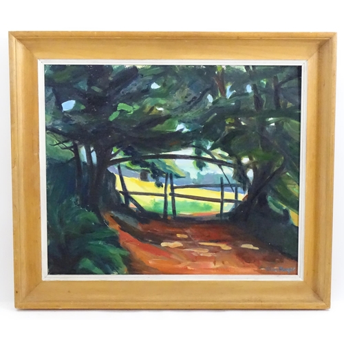 1122 - Kaia Mayer (1923-2005), Oil on canvas board, Oil on board, Welsh Summer, A wooded scene with field b... 