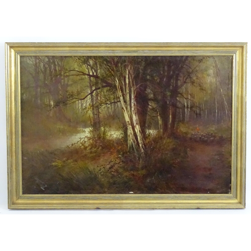 1130 - Indistinctly signed Frank Hicks ?, 19th century, Oil on canvas, A wooded river landscape with a farm... 