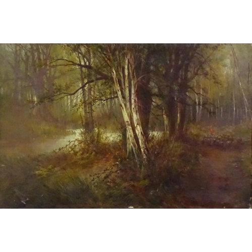 1130 - Indistinctly signed Frank Hicks ?, 19th century, Oil on canvas, A wooded river landscape with a farm... 