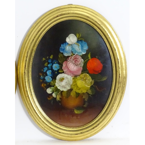 1143 - R. Rosini, 20th century, Oil on board, A pair of oval still life studies with flowers in bloom. Sign... 