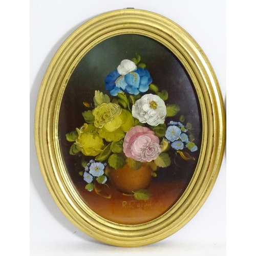 1143 - R. Rosini, 20th century, Oil on board, A pair of oval still life studies with flowers in bloom. Sign... 