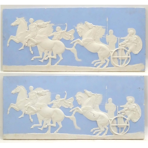 144 - Two frieze panels / plaques in the Wedgwood Jasperware style with relief decoration depicting a styl... 