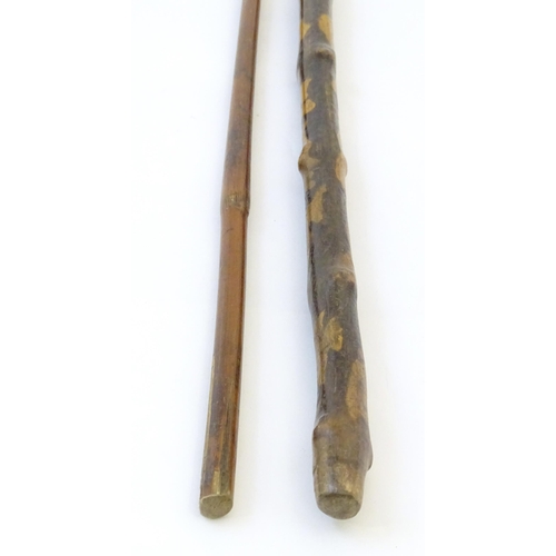 1742 - An early 20thC tempered holly walking stick, together with a bamboo / cane walking stick with figura... 