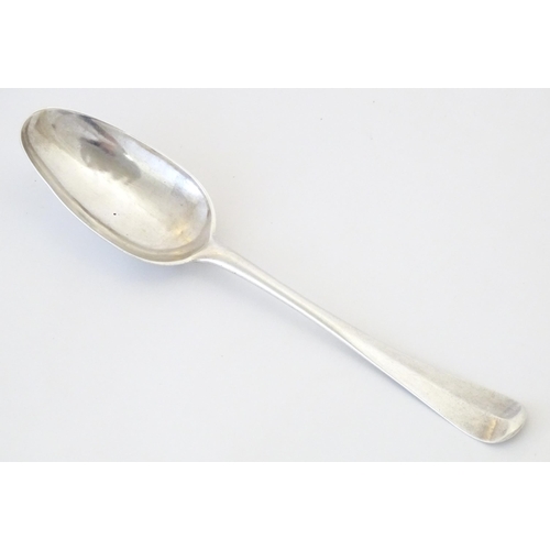 217 - An 18thC Channel Islands silver spoon, maker's mark PD crowned, struck once, for Philippe le Vavasse... 