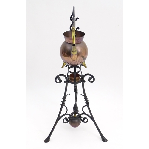 826 - An Arts & Crafts copper and brass spirit kettle on a scrolling wrought iron stand designed by Dr Chr... 