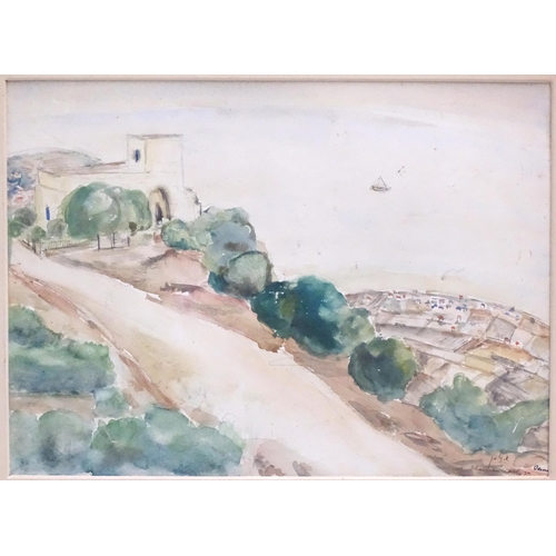 144 - Elias Newman (1903-1999), Watercolour, Haifa Bay from Mount Carmel. Signed lower right. Approx. 10 1... 