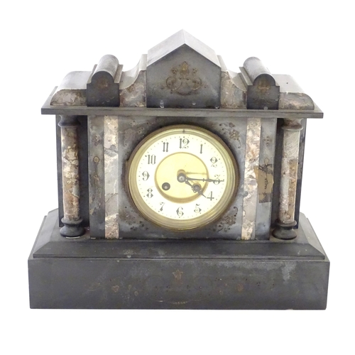 171 - A Victorian slate and marble cased mantel clock with 8-day movement by Japy Freres. Approx 12 1/