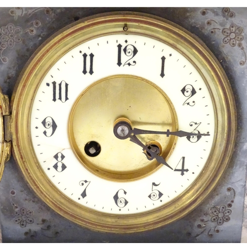 171 - A Victorian slate and marble cased mantel clock with 8-day movement by Japy Freres. Approx 12 1/