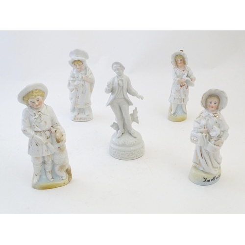 176 - Five German figures, comprising a boy with a dog, a girl with a duck, etc. with gilt highlights and ... 