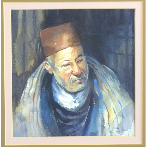 197 - Trevor Waugh (b. 1952), Watercolour, Old Man of Fez, A portrait of a man wearing a fez hat. Signed l... 