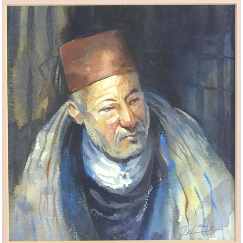 197 - Trevor Waugh (b. 1952), Watercolour, Old Man of Fez, A portrait of a man wearing a fez hat. Signed l... 