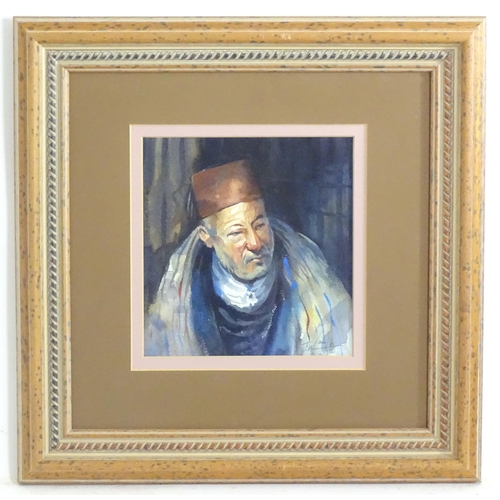 197 - Trevor Waugh (b. 1952), Watercolour, Old Man of Fez, A portrait of a man wearing a fez hat. Signed l... 