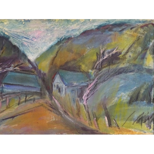 220 - Manner of Olive van Klaveren, 20th century, Acrylic on board, A tree lined lane with cottages. Appro... 