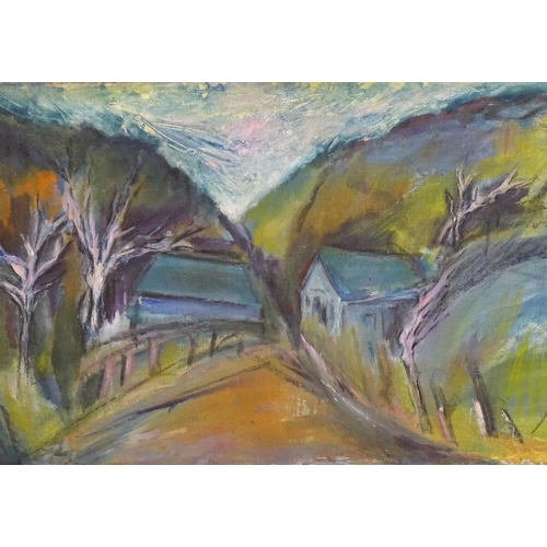 220 - Manner of Olive van Klaveren, 20th century, Acrylic on board, A tree lined lane with cottages. Appro... 