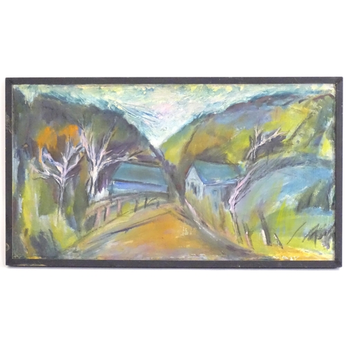 220 - Manner of Olive van Klaveren, 20th century, Acrylic on board, A tree lined lane with cottages. Appro... 