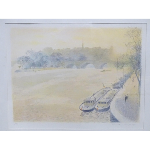 221 - A signed limited edition print depicting boats on the Seine, Paris, by Derek Mynott. Signed and numb... 