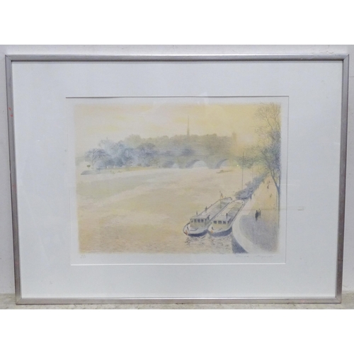 221 - A signed limited edition print depicting boats on the Seine, Paris, by Derek Mynott. Signed and numb... 