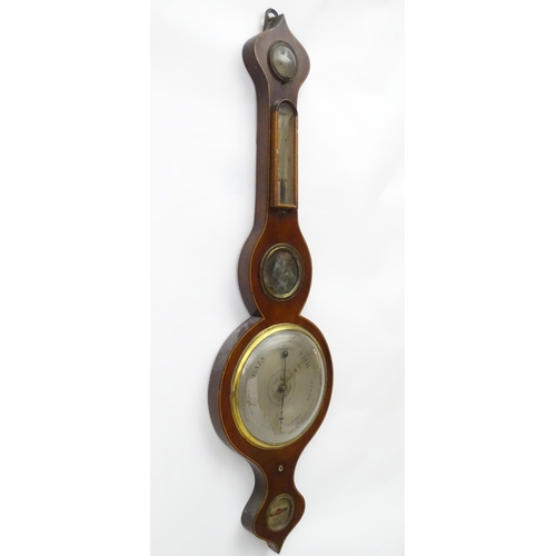 224 - A mahogany wheel barometer with satinwood stringing,  thermometer reading freezing to blood heat and... 