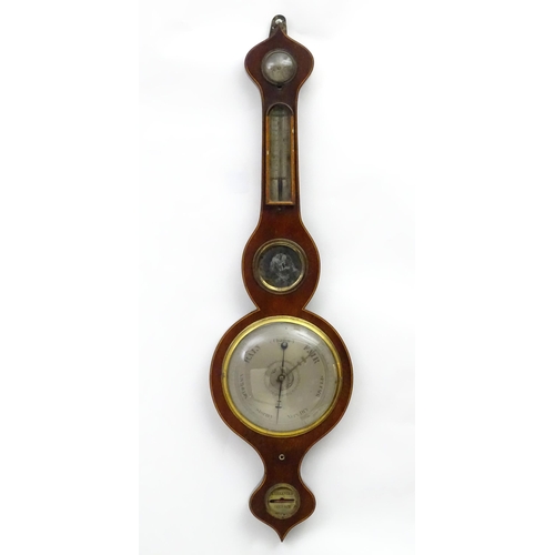 224 - A mahogany wheel barometer with satinwood stringing,  thermometer reading freezing to blood heat and... 