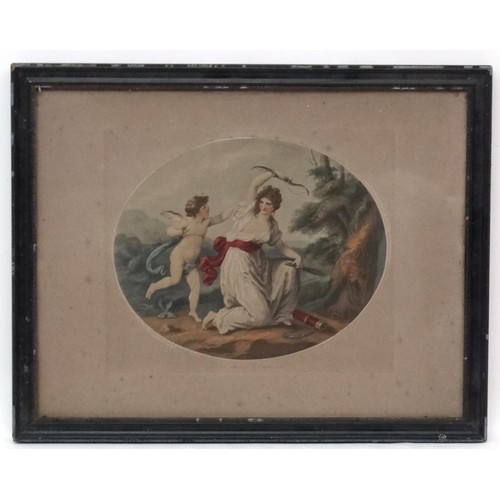 226 - A 19thC colour engraving Angelica Kauffman (1741-1807), titled Cupid disarmed by Euphrosine. Approx.... 