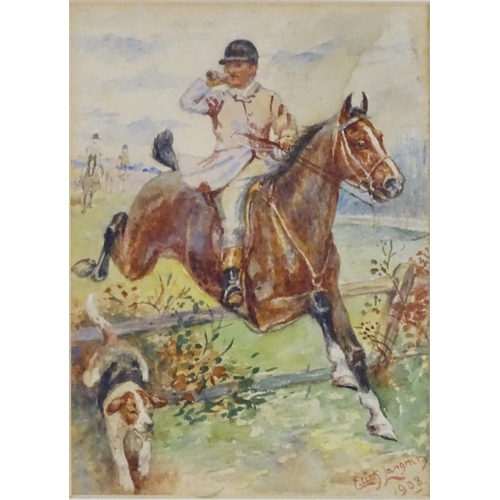 238 - Edith Langray, 20thC, Watercolour, The Whipper-in jumping a fence on horseback with a hound. Signed ... 