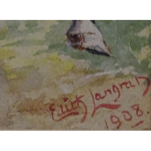 238 - Edith Langray, 20thC, Watercolour, The Whipper-in jumping a fence on horseback with a hound. Signed ... 