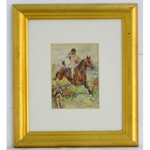 238 - Edith Langray, 20thC, Watercolour, The Whipper-in jumping a fence on horseback with a hound. Signed ... 