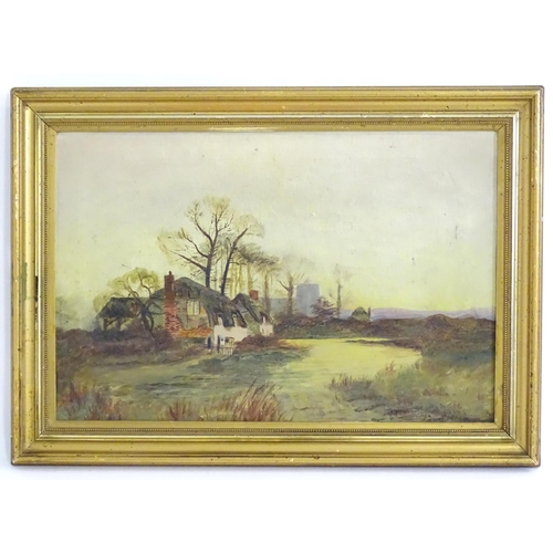 244 - Early 20th century, English School, Oil on canvas, A landscape scene with thatched cottages by a riv... 