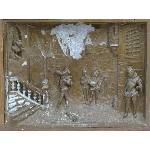 259 - A late 19th / early 20thC cast tableau, depicting a town scene with stylised Romeo and Juliet figure... 